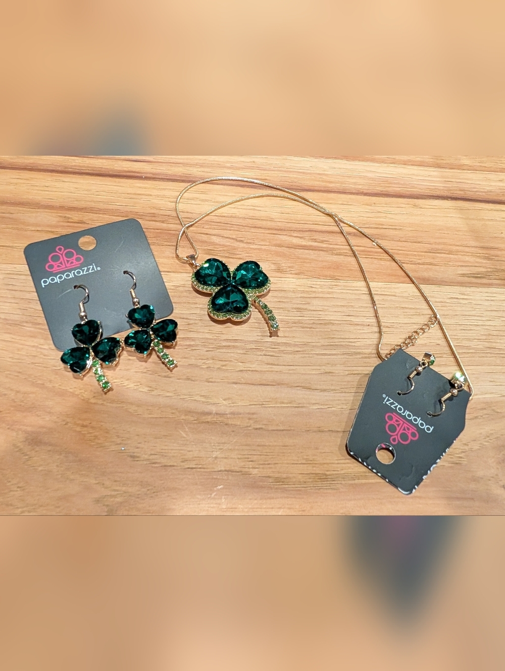 Gold-Tone Green Shamrock Pendant Necklace and Earring Set